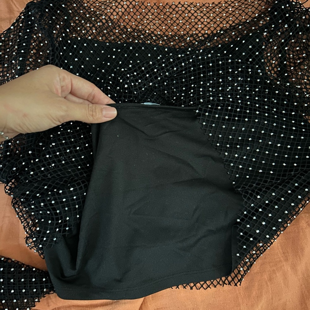 Black Mesh Rhinestone Overlay Top - Picture 3 of 4